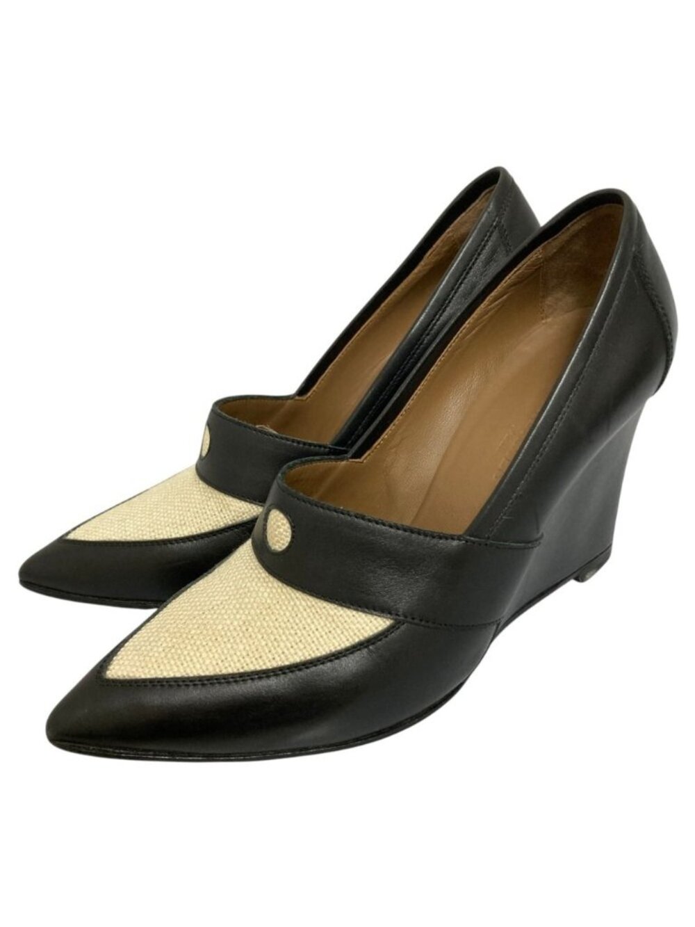 Hermes Leather Canvas Pointed Toe Wedge Sole Pumps Black Ivory Spring Summer